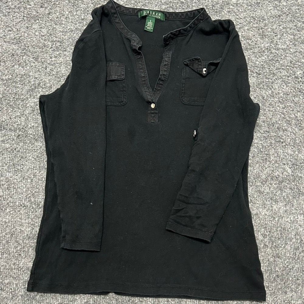 Lauren Ralph Lauren Top Womens Size S Black Henley Cotton Roll Tab Sleeve Pocket